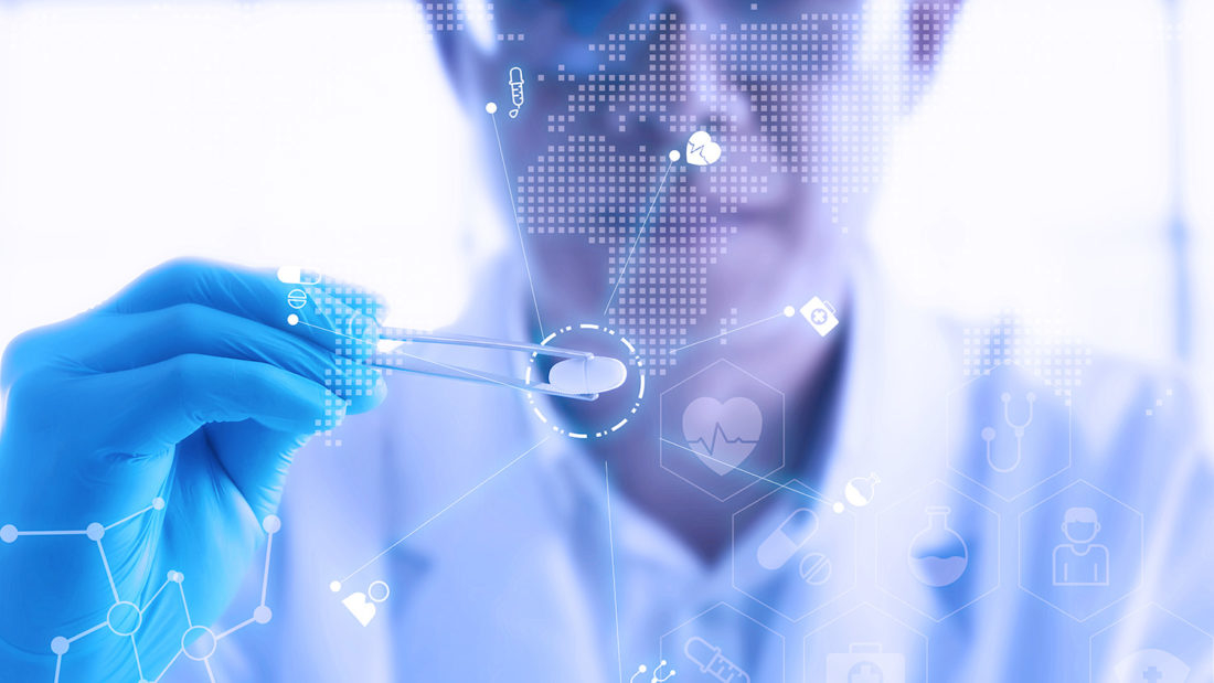 Young male scientist holding a red transparent pill with futuristic scientific air interface with chemical formulas and research data in the foreground