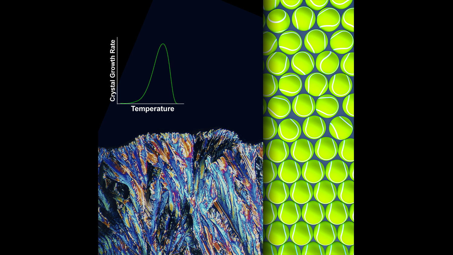 Publication Cover Art demonstrating both a macroscopic and atomistic view of the organizational process involved to transform a melt into a crystal.