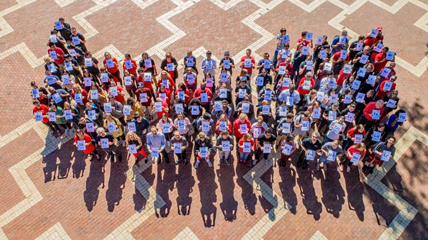 Aerial photo of the chemistry department members holding signs for chemistry symbols