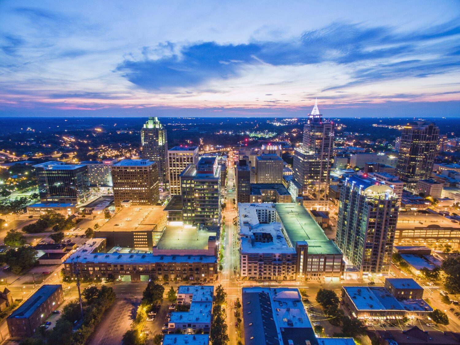 Aerial View of the City of Raleigh at dusk