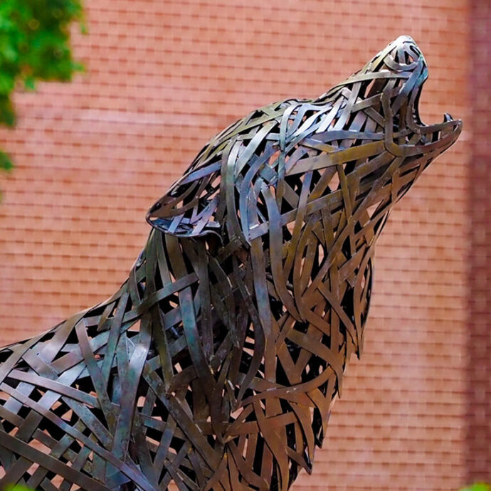 One of the copper wolves at Wolf Plaza