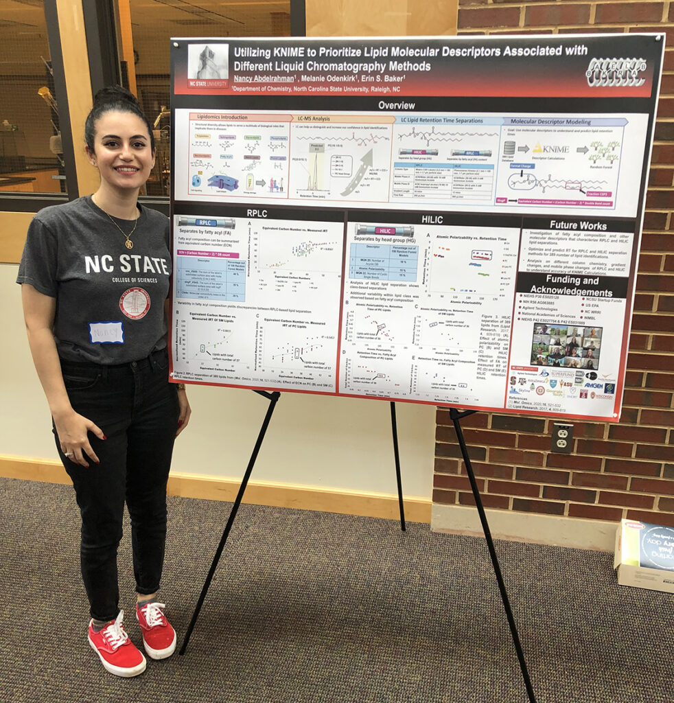 Nancy Abdelrahman wearing red shoes posing next to her research poster