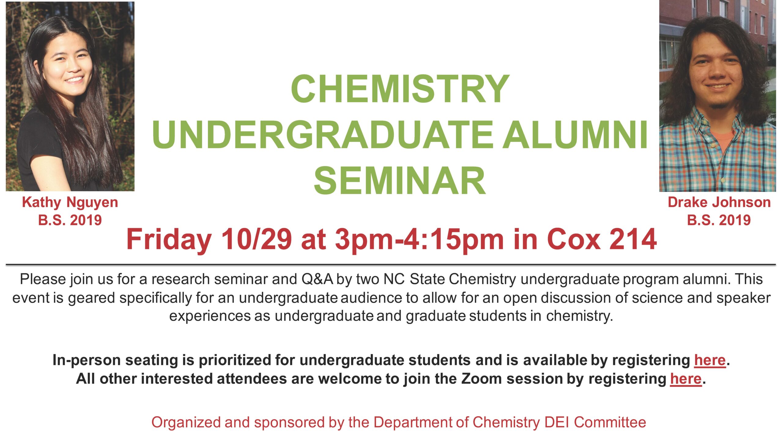 Chemistry Undergraduate Alumni Seminar Invitation Flyer featuring photographs of Kathy Nguyen, BS 2019, and Drake Johnson, BS 2019