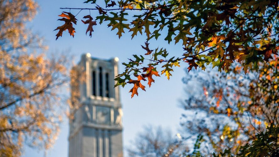 The Belltower provides a backdrop for colorful fall leaves.