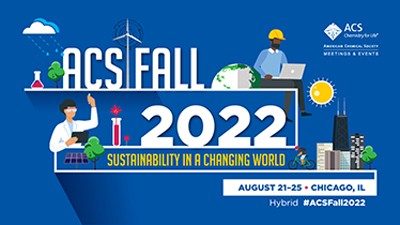 ACS Fall 2022 Meeting in Chicago poster advertisement featuring chemistry illustrations on a blue background