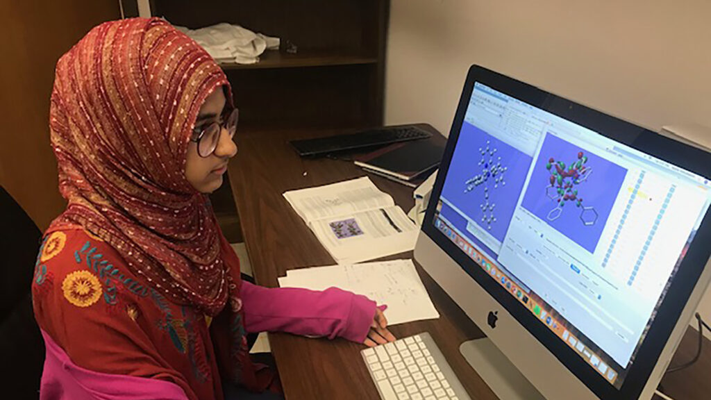Aysha Abdulbasith is sitting at the desk in the office in front of her computer monitor and looking deep in thought.