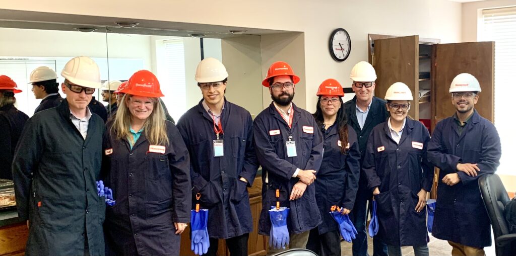 Photo of Amanda and her group getting ready to tour the hydrofluoric acid plant at Honeywell in Geismar, LA.