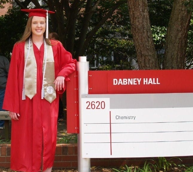 A student in red cap and gown side leaning on red and white ground sign reading Dabney Hall Chemistry
