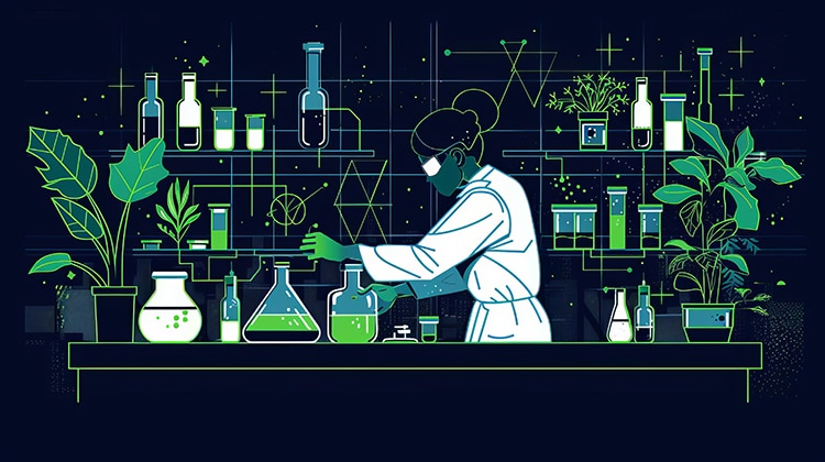 Scientist working on green chemistry for sustainable manufacturing processes in a lab, showcasing ecofriendly chemical reactions, modern equipment