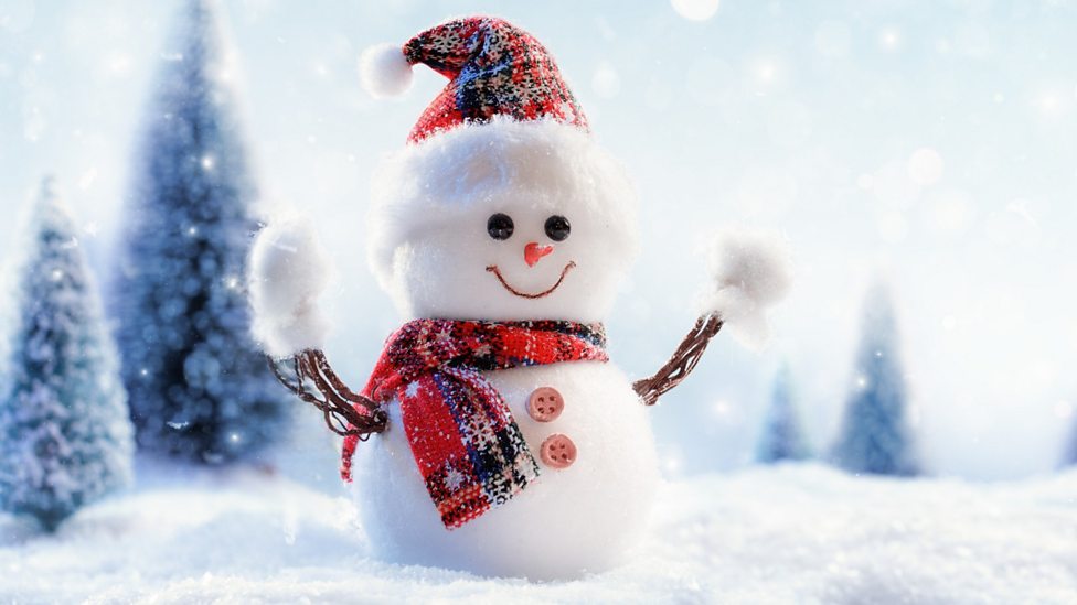 Snowman with ref and green hat and scarf